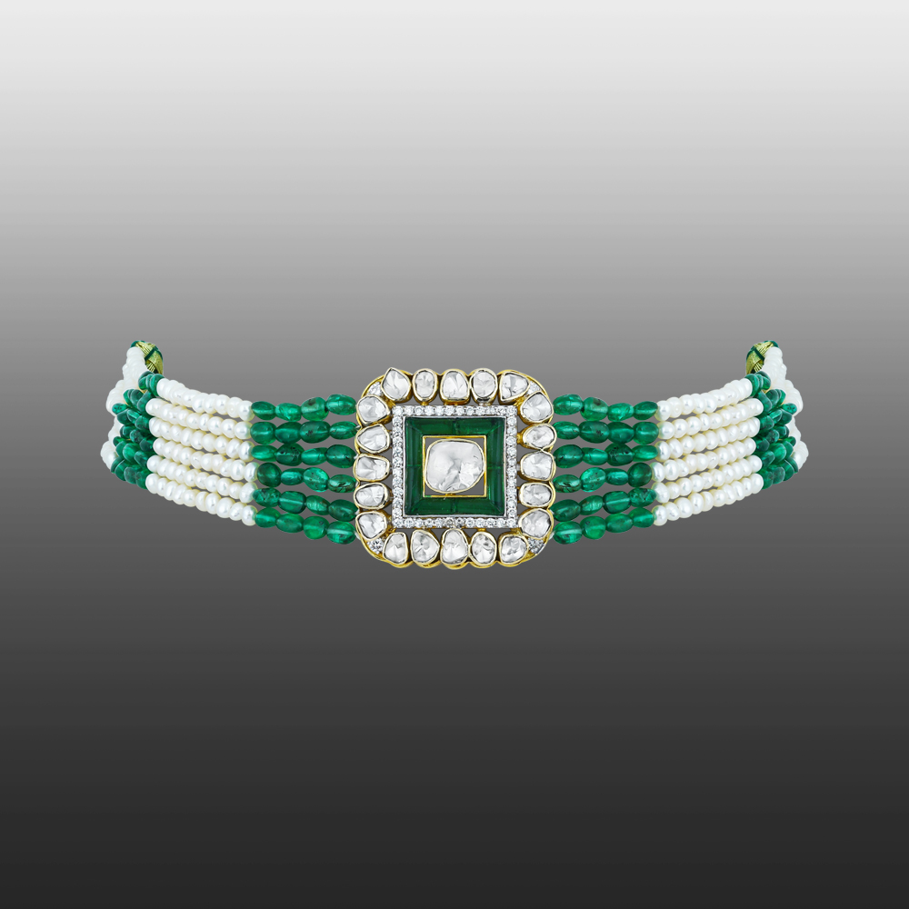 Polki Choker with Green Talaf, Emerald and Pearl Strands